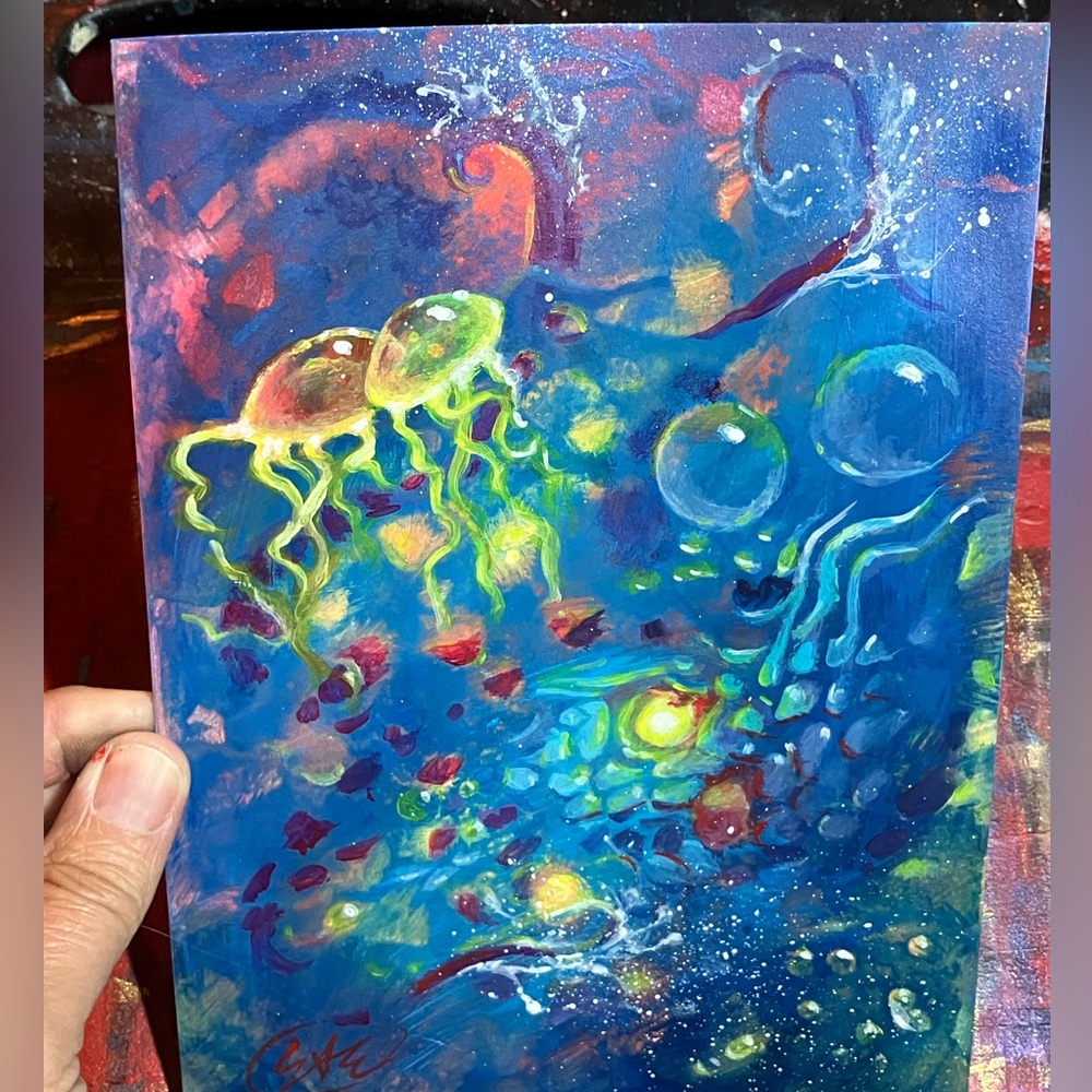 Original octopus painting jellyfish art colorful ocean surreal artwork Artettina